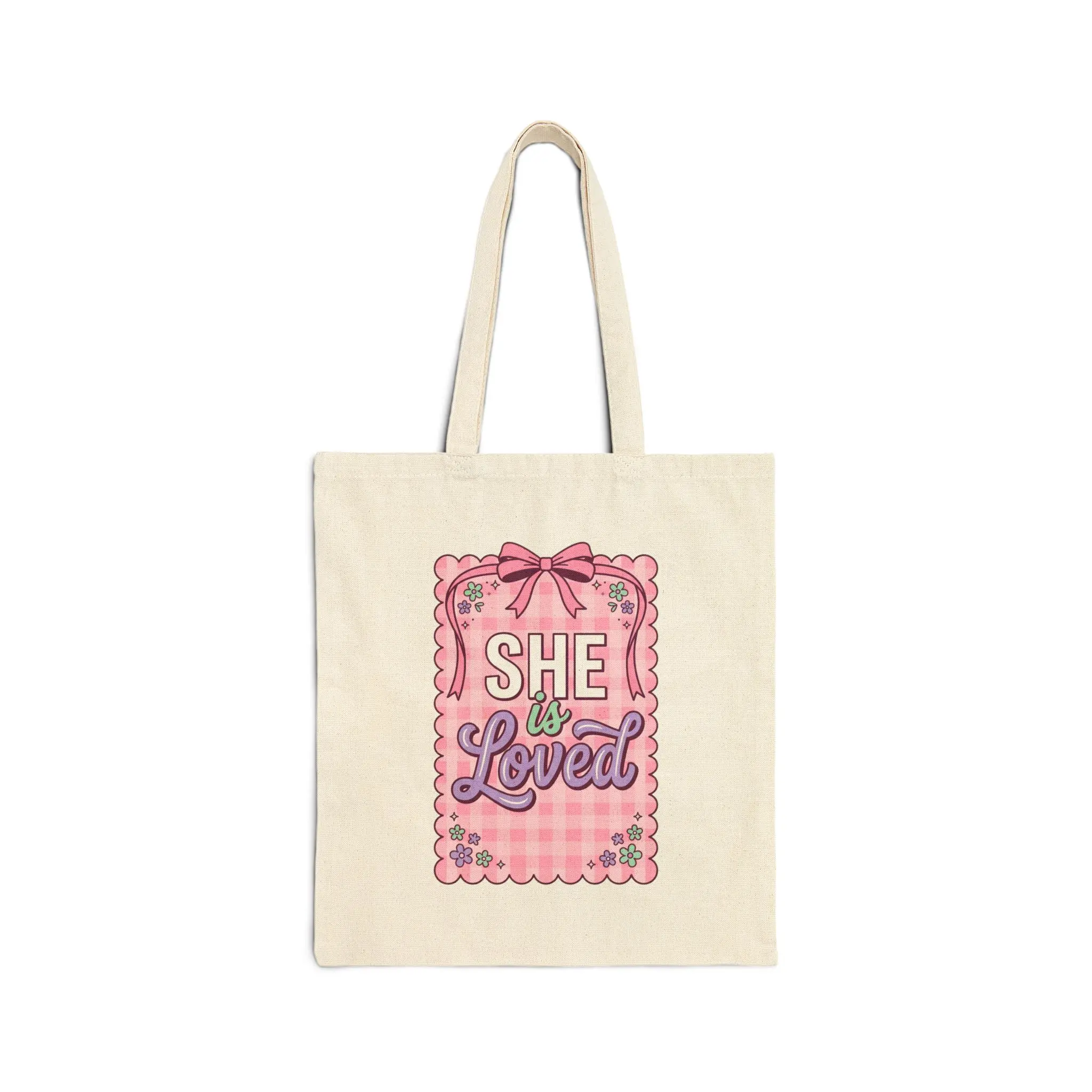 Women's "She Is Loved" Christian Faith Tote Bag - Colorful Graphic Bold Phrase, Double Handle, Faith Motto Slogan, Multipurpose Scripture Quote Tote Bag, Colorful Graphic Bold Phrase Women's Tote Bags, Double Handle Women's Tote Bags