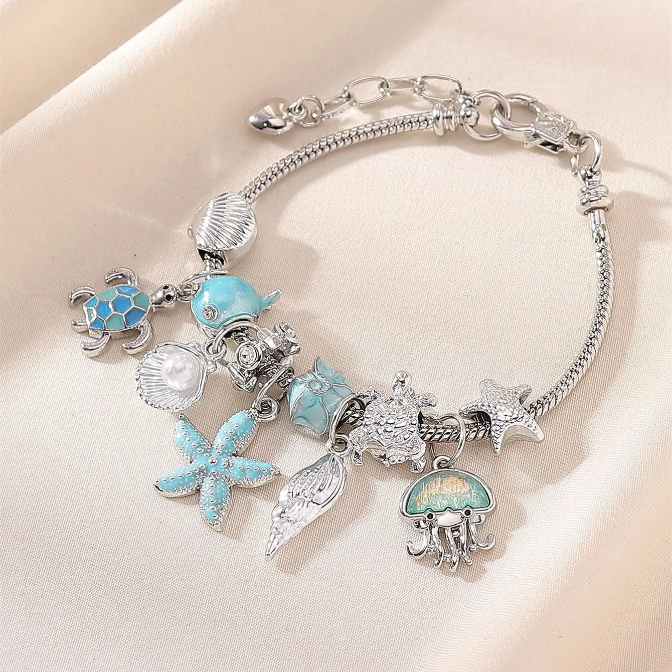 Cute Enamel Starfish Jellyfish Beaded Bracelet Ocean Animal Multi-element DIY Wrist Jewelry For Women Kids
