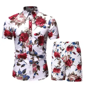 Mens Floral Hawaiian Outfits 2 Piece Button Down Short Sleeve Shirt And Shorts Sets