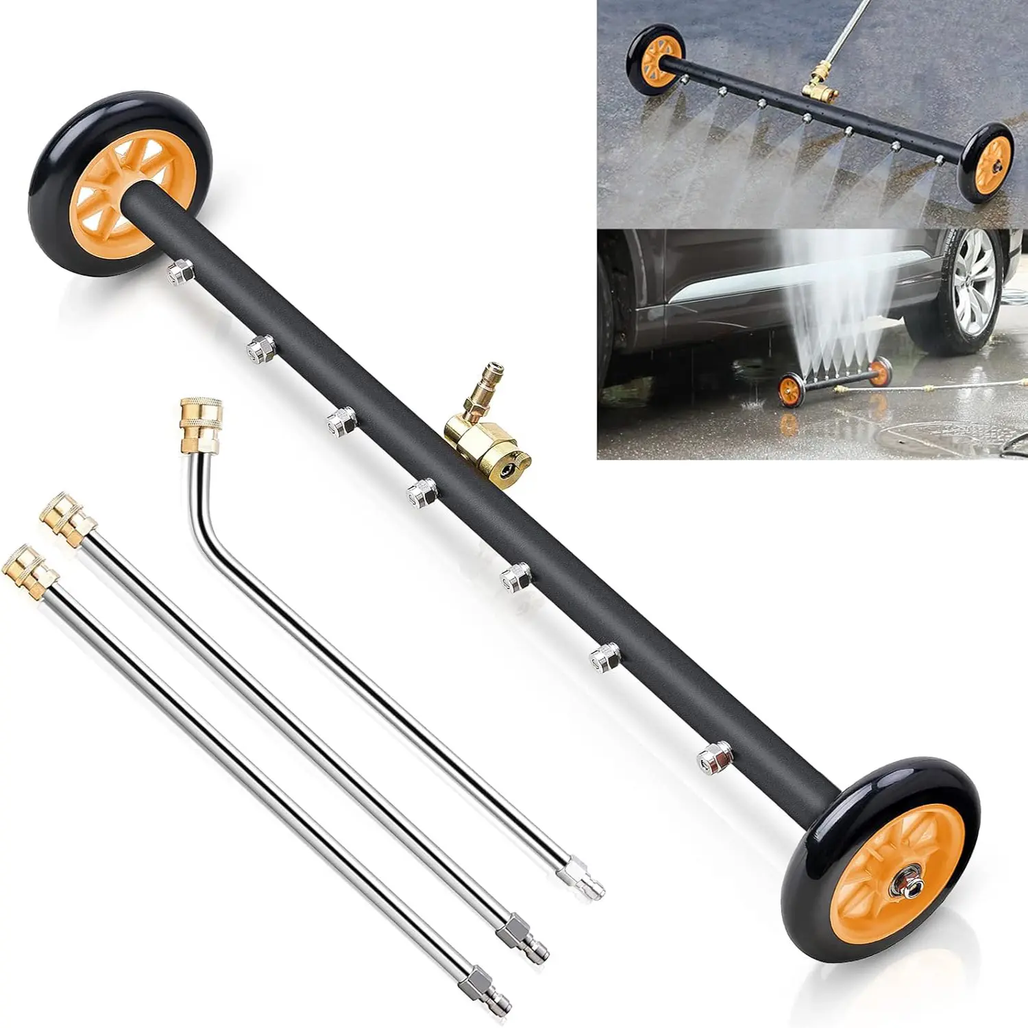 24-Inch Upgraded Power Washer Undercarriage Cleaner Attachment, 4000 PSI, 7 Nozzles, Dual Mode, 2x16-Inch Straight Extension Wands, Rotating Coupler, 1x135° Curved Extension Wand, Driveway Cleaning Tool for Cars, Pressure Washers Equipment, Power Washer A