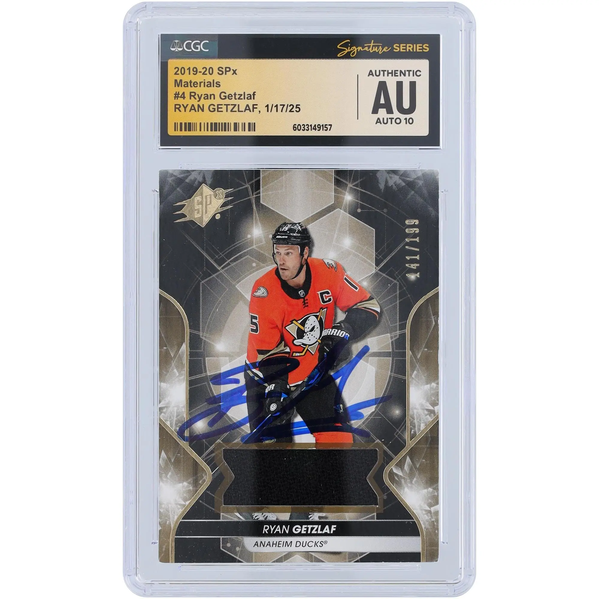 Ryan Getzlaf Anaheim Ducks Autographed 2019-20 Upper Deck SPX Relic #4 #/199 CGC Fanatics Witnessed Authenticated Auto10 Card - Fanatics Authentic Certified
