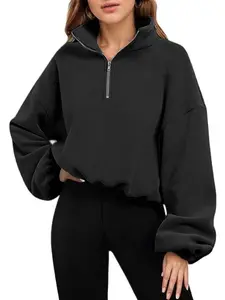 Women's Fall & Winter Casual Streetwear, Loose Fit Half-Zip Sweatshirt, Y2K Style Long Sleeve Sport Top, Comfortable Pullover