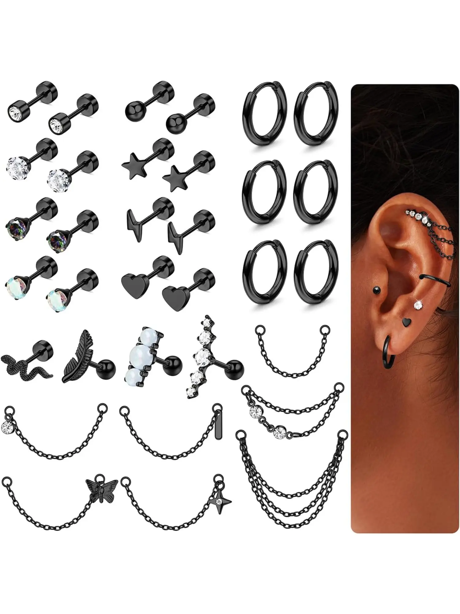 1 Set 20G Cartilage Earrings Set for Women Men Surgical Steel CZ Opal Small Hypoallergenic Flat Back Stud Earrings Hoop Chain Dangle Conch Daith Helix Tragus Cartilage Body Piercing Jewelry