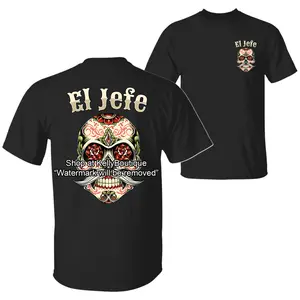 El Jefe Sugar Skull Day Of The Dead Dia De Los Muertos T-Shirt, Trendy Hispanic Halloween Spooky Latina Season Back Side Graphic Design Unisex Cotton T-shirt for Men for Women Menswear Womenswear Top