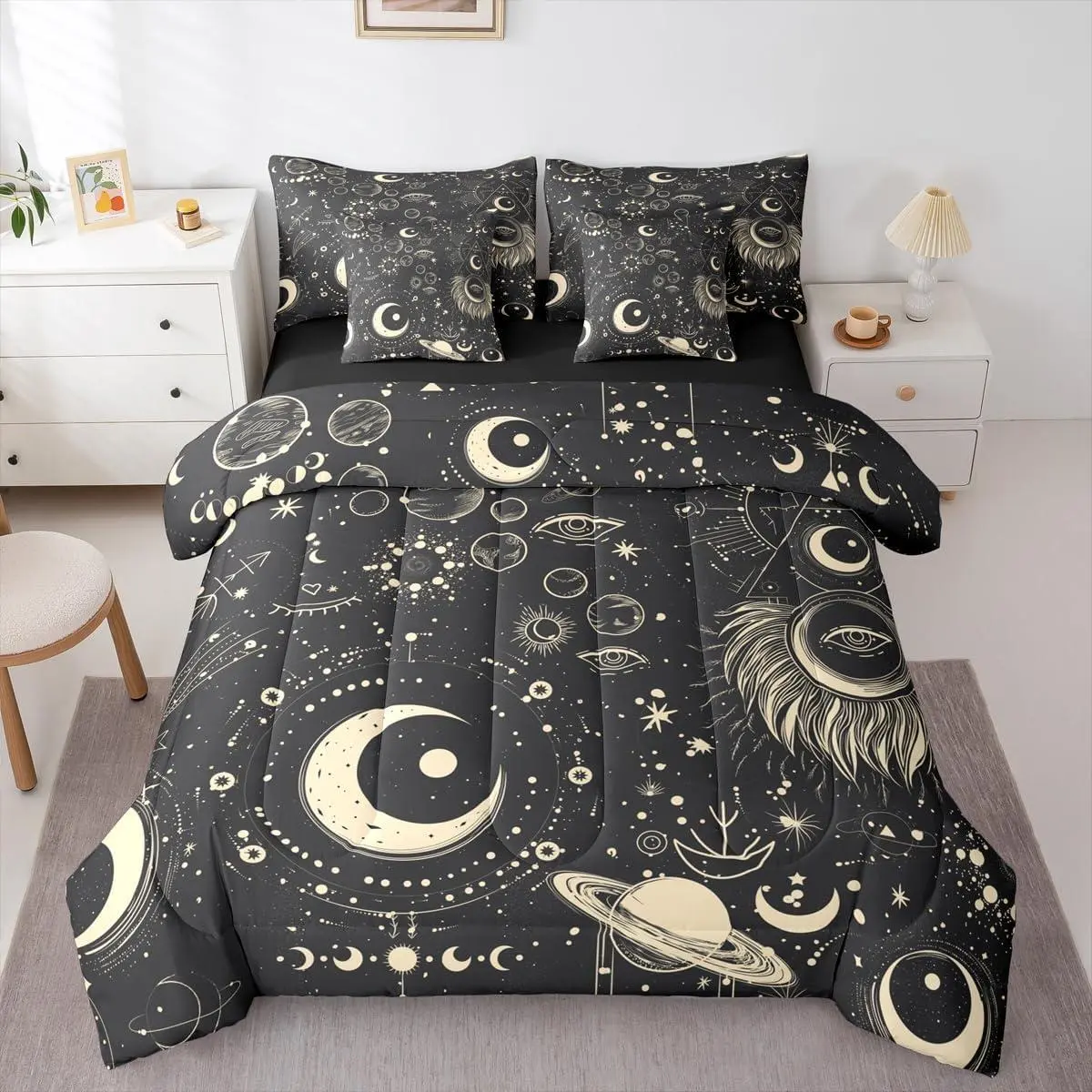 Galaxy 7 Piece Comforter Set,Trippy Sun and Moon Bedding Set,Stars Galaxy Bed Sheets Set,Modern Starry Sky Planet Quilt Set,Symbol Grunge Style Bed in A Bag