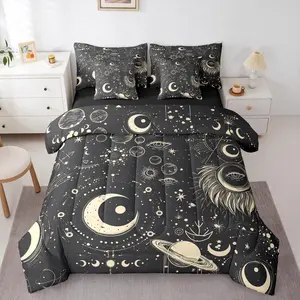 Galaxy 7 Piece Comforter Set,Trippy Sun and Moon Bedding Set,Stars Galaxy Bed Sheets Set,Modern Starry Sky Planet Quilt Set,Symbol Grunge Style Bed in A Bag