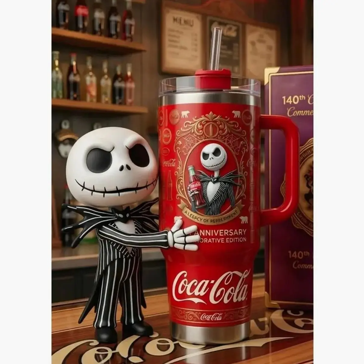 Coca Cola x Jack Skellington Anniversary 40oz Travel Tumbler, Halloween Stainless Steel Car Mug, 140th Anniversary Retro 1886-2026 Soda Merch with Handle, Insulated Ice Cup with Straw, Perfect Father's Day Birthday Gift for Outdoor Dads