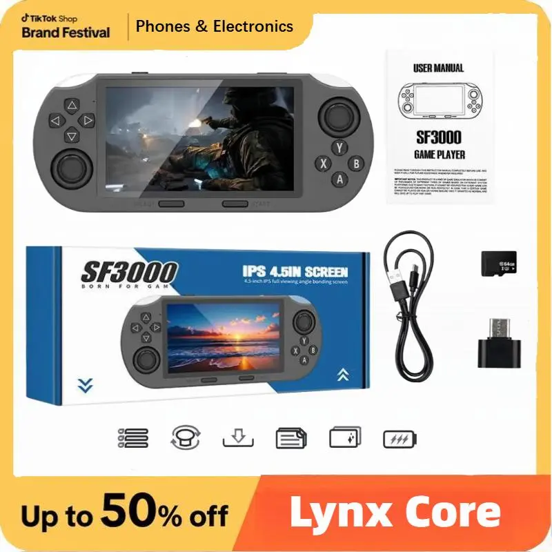 SF3000 Retro Handheld Game Console with 4.5 Inch IPS Screen 3000mAh Battery & 64GB TF Card for Boys Gift Gaming & accessories  game Cables cool gadgets boys Box Compact game console retro game consoles gamer gifts for him portable retro game console