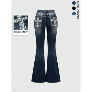 Grunge Punk Y2K retro pocket cross wing embroidered flared legs suitable for women's embroidered elastic jeansRAIMENTRY