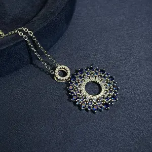 Elegant Necklace for Women - Vintage Double Round Hollow Pendant with Blue Sapphire Style, Sparkling Statement Jewelry Perfect for Party, Wedding, Daily Wear & Anniversary Gift Choice