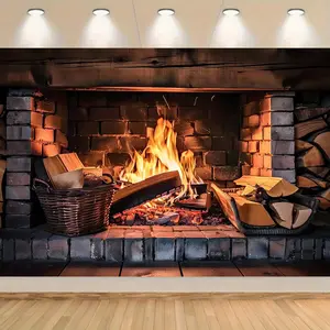 Realistic Burning Wood Fireplace Backdrop, Polyester Decoration, No-Power Home & Party Supply for Room, Christmas & Birthday Festive Use