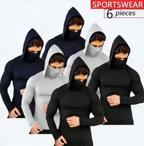 Men's 6pcs solid color sunscreen sports quick drying breathable hooded sweatshirt with mask three piece set fishing wear Athletic Techwear All Season Activewear