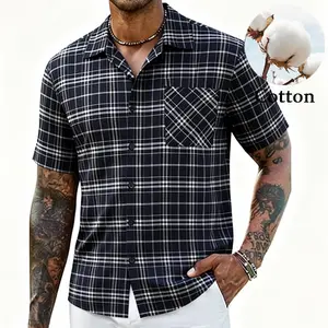 Men's minimalist striped short-sleeved shirt, casual collared cropped top, suitable for all seasons, fashionable men's everyday wear.