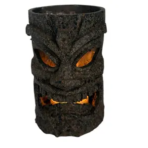 Tiki Tea Candle Holder, Hawaiian themed tiki figurine with 2 citronella tea candles repels mosquitoes