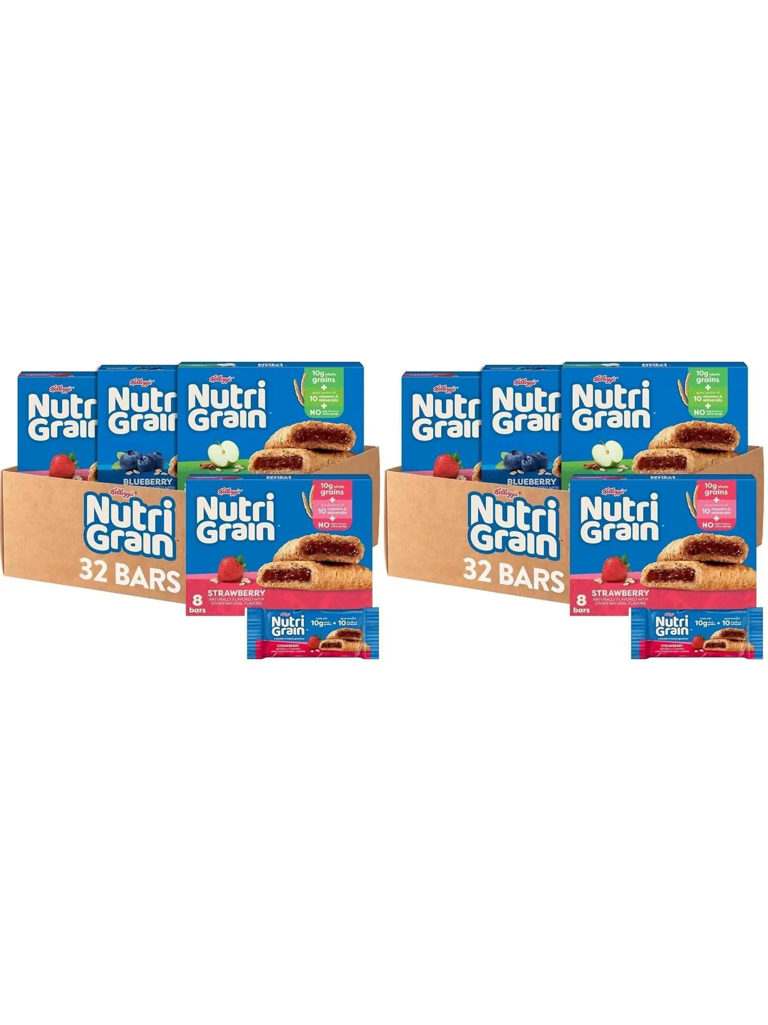 Nutri-Grain Breakfast Bars, Made with 10g Whole Grains, Kids Snacks, 3-Flavor Variety Pack (4 Boxes, 32 Bars)