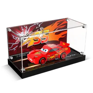 Acrylic Display Case with LED Light Compatible with Lego Disney Pixar Lightning McQueen 42151, USB-C Powered Dustproof Showcase with Backdrop, Ideal Gift for Car Fans (No Model)