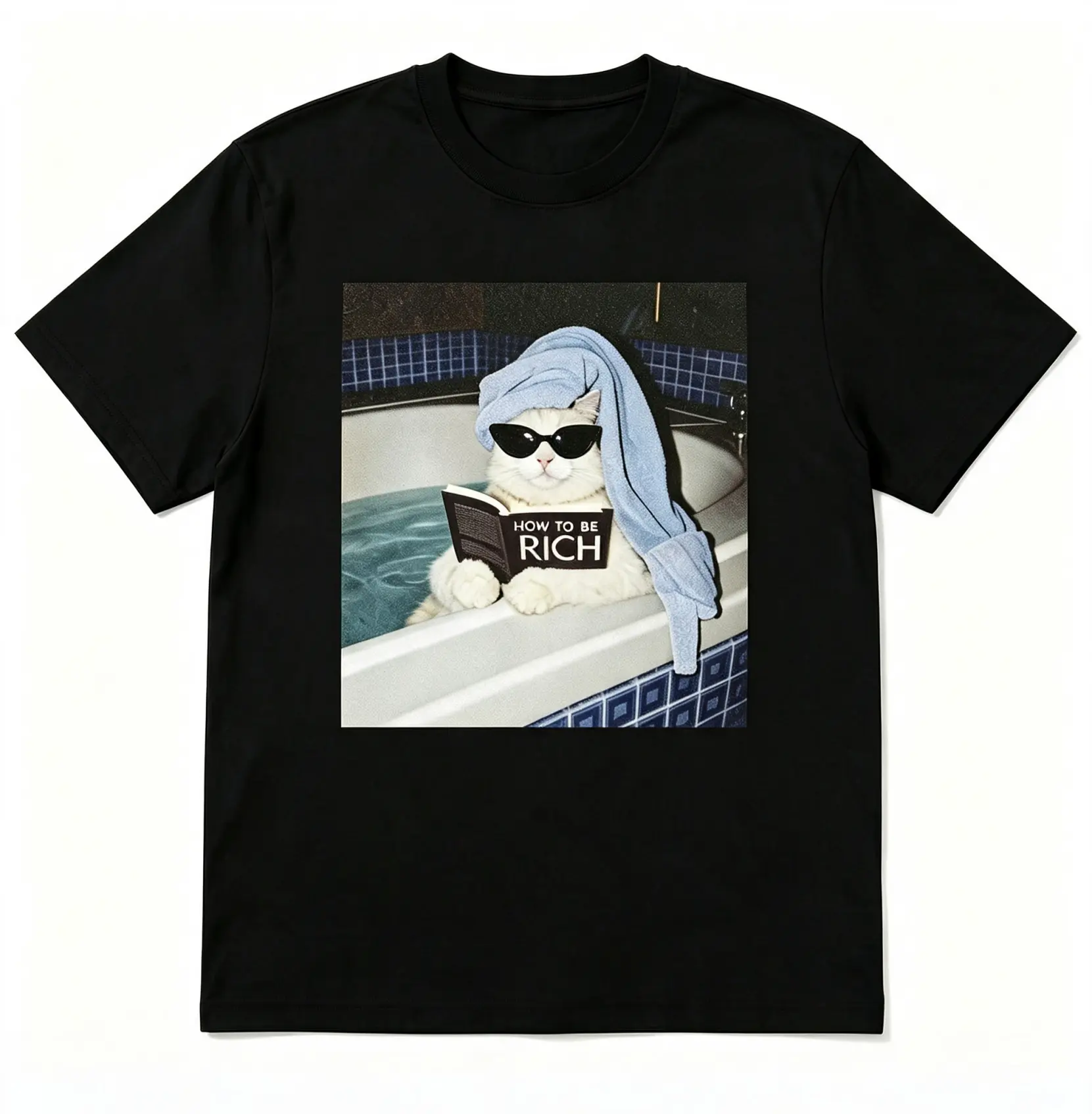 100% Cotton Funny A Kitten Reading A Book In The Bathtub T-Shirt
