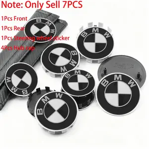 7Pcs BMW Black White Logo Car Front Bonnet Hood Emblem And Rear Trunk Badge And Car Wheel Hub Caps And Car Steering Wheel Sticker Automobile Decals For BMW X3 X5 X6 E90 E46 E87 E36 E92 E93 F11 F18 F10 G11 E60 E63 E64 G01 G20 G30 E84 E83 Auto Accessories