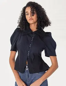 Women's High Lapel Neck Patchwork Button Down Shirt Puff Bubble Sleeve Slim Fit Vintage Shirt Tee Blouses for Casual Daily Wear