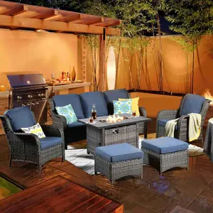 【Summer Vibes】OVIOS Kenard 6-Piece Outdoor Patio Conversation Set with 42'' Propane Fire Pit Table, Wicker Sofa Set with Cushions for Backyard Patio Porch Deck Garden Balcony Outdoor Seating Furniture Set