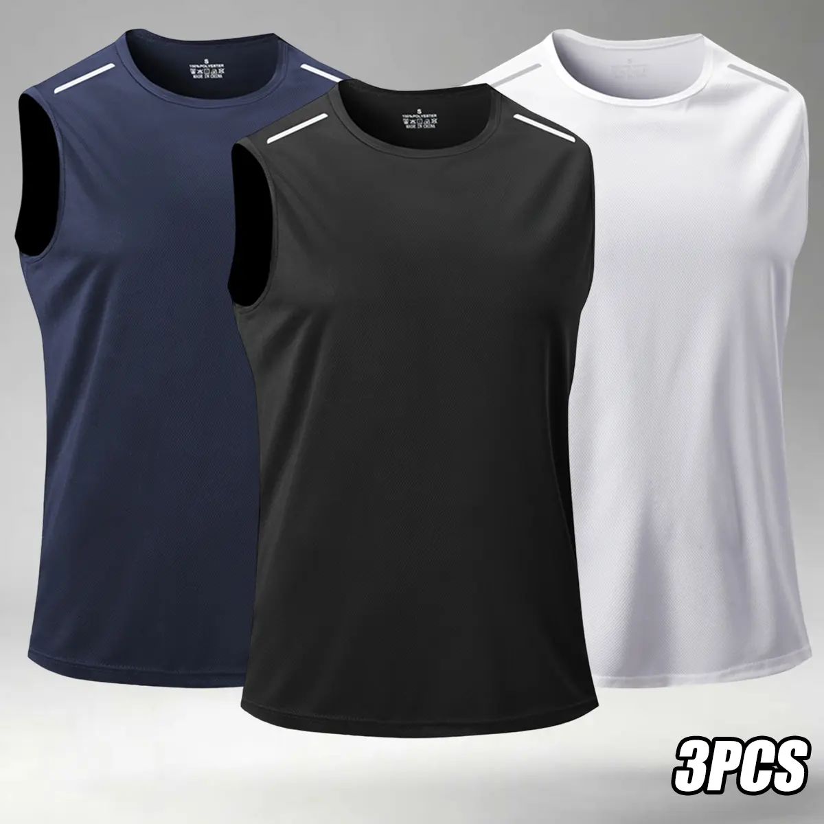 Men’s 3-Piece Athletic Upper Body Tank Top Set - Black + White + Dark Blue Solid Color Sleeveless Muscle Tees, Casual Sports Tops, Ideal for Summer, Father’s Day Gift, 3-Piece Set, Crew Neck, Dark Blue + White + Army Green