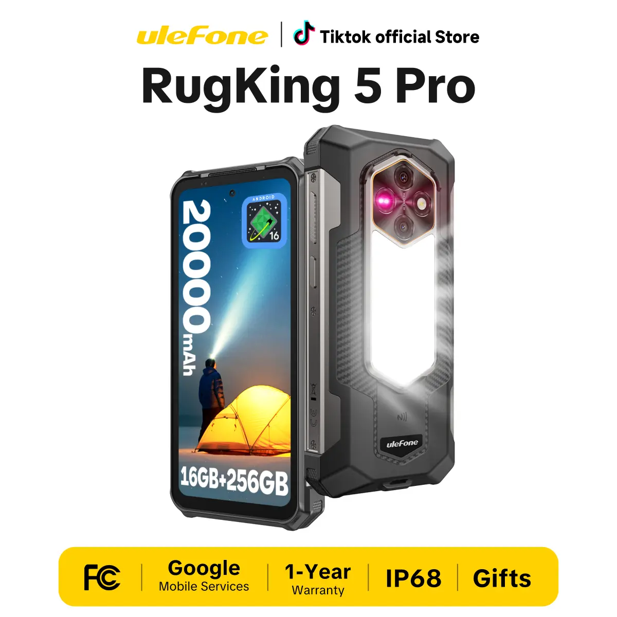 Ulefone RugKing 5 Pro Rugged Phone (Unisoc T7250, 1 Year Coverage) - 20000 mAh Battery, 16GB+256GB, Android 16, 6.78 inches 60Hz Display, 64MP+20MP+18MP Camera, Built-in Back Camping Light, NFC, 4G Dual SIM, Widevine L1, Fast Charge, Type C Port - Black,,
