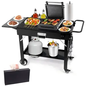 Grill Cart, Portable Outdoor Grill Table, Foldable Cart Table with Wheels for Ninja,  BBQ Prep Tables with Seasoning Tray  with 2-Tier Storage Shelves Blackfriday