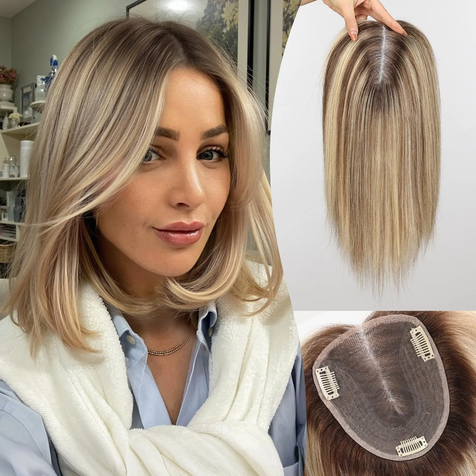 STARLUCK Hair Topper for Women with Thinning Hair, 14 Inch Ombre Ash Blonde Premium Real Human Hairpiece with 6x5" Swiss Lace Base, 60g, Premium Human Hair