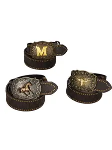 Vintage Western Cowboy Belt (Letter M / Bull / Horse Riding Elements) Rivet Embossed Belt Buckle All-Match Belt