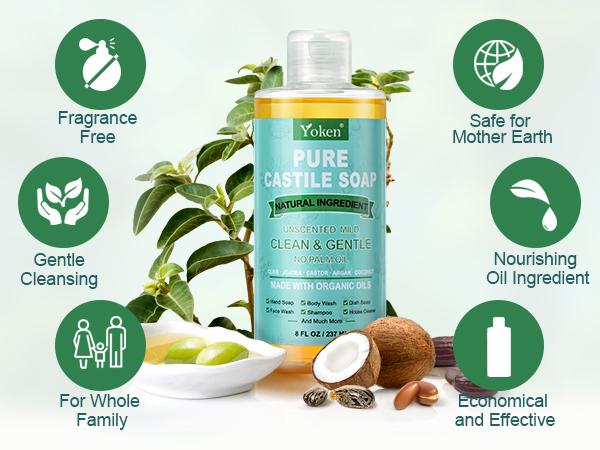 Yoken Pure Castile Liquid Soap Organic (EWG Verified, Unscented, 8 OZ), Made with Organic Oils, No Added Fragrance, Vegan, Castile Soap Liquid for Face, Laundry, Dishes, Sensitive Skin, Travel soaps