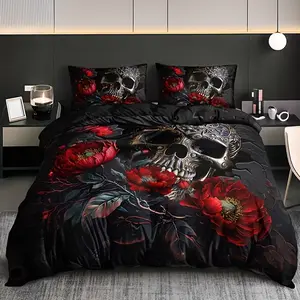 3pcs Dark Skull Rose Floral Bedding Set (1 Fitted Sheet + 2 Pillowcases), High Definition Print, Home Dormitory Use, Bedroom Bedding Set