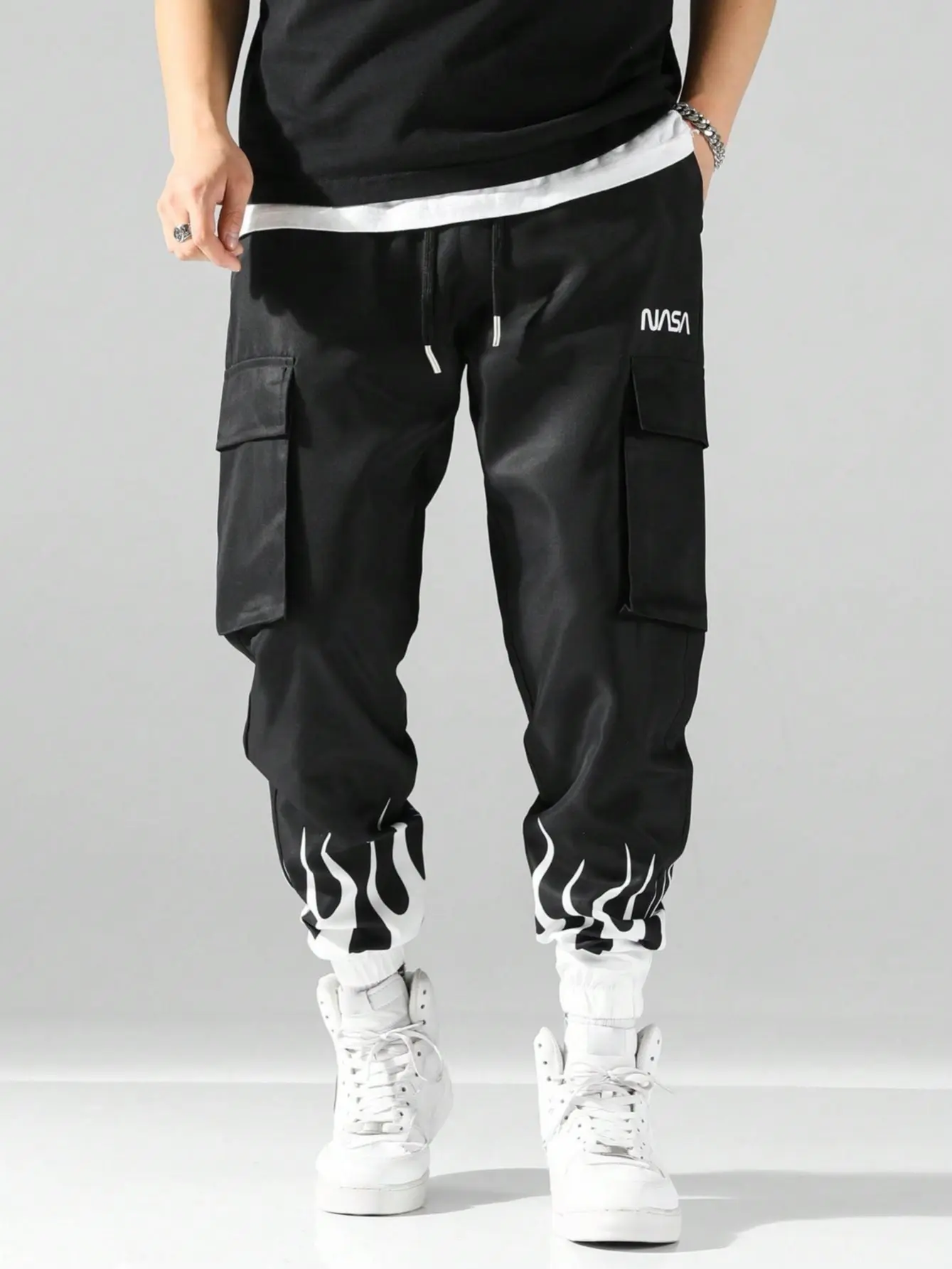 Men Flame Print Cuffed Cargo Jogger Pants, Elastic Drawstring Waist Multi Pocket Utility Trousers, NASA Letter Print Streetwear Bottoms, Baggy Hiphop Jogging Pants for Daily Casual Trendy Outfits