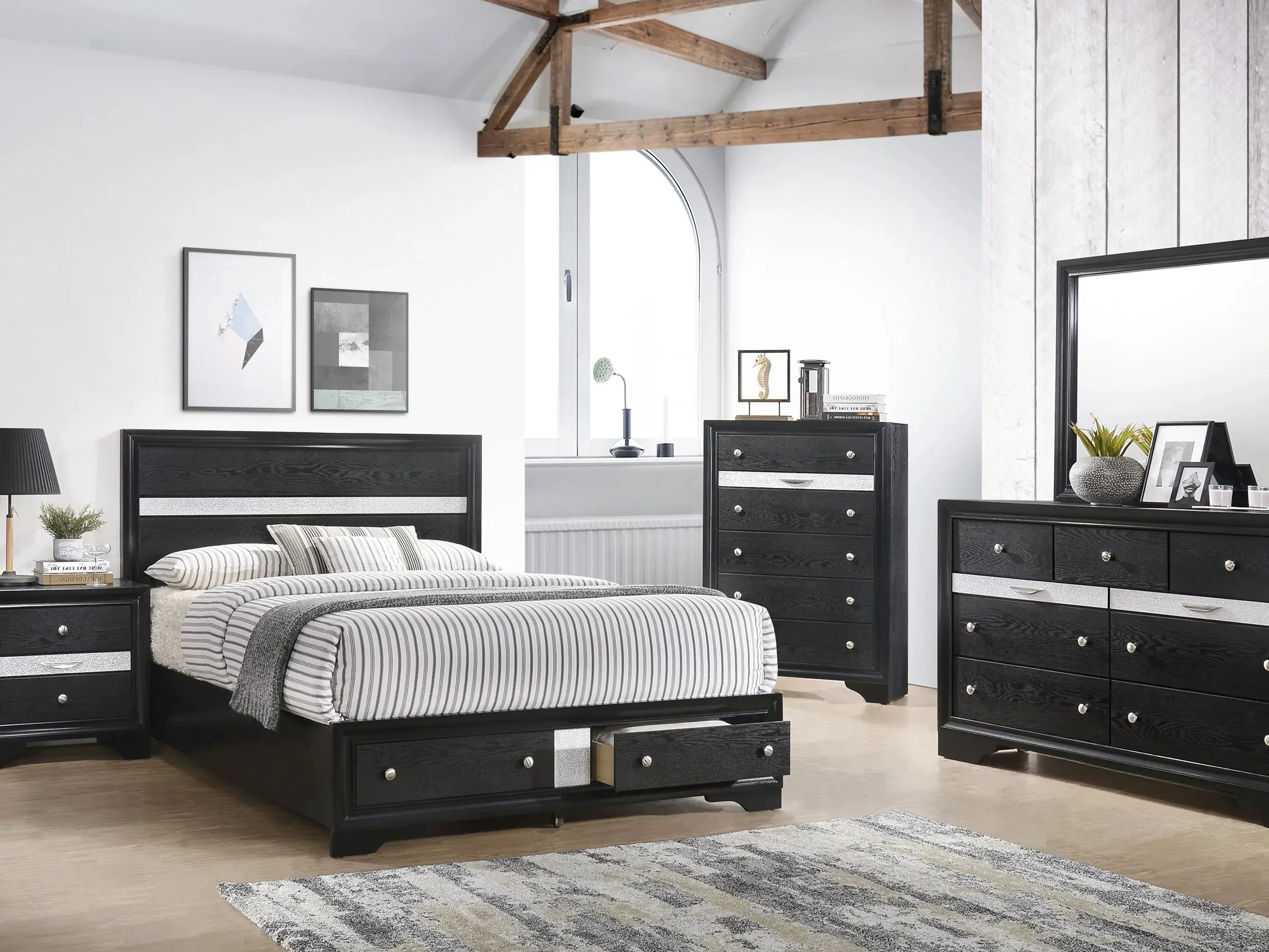 B4670 4 pc Regata Black and Silver Finish Wood Queen Storage Bedroom Set with Bed Nightstand Dresser and Mirror for Elegant Bedroom Organization