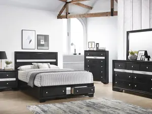 B4670 4 pc Regata Black and Silver Finish Wood Queen Storage Bedroom Set with Bed Nightstand Dresser and Mirror for Elegant Bedroom Organization