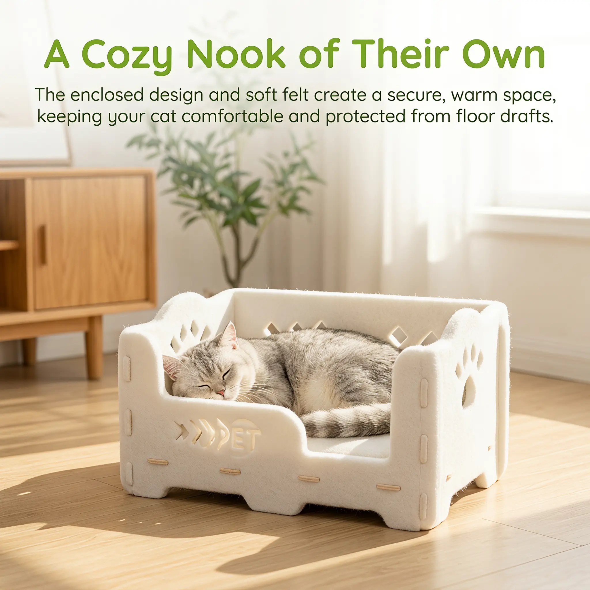 Single Layer Detachable Washable Felt Cat Bed Raised Guard Rail Kitty Cot For Solo Single Cat Small Studio Apartment Renters, Low Entry Safe Sleeping Bed For Senior Kittens Saves Living Room Spacem Solves Smelly Non-Cleanable Fluffy Cat Mats