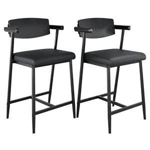 26 Inch Counter Height Bar Stools Set of 2 Modern Kitchen Island Chairs Heavy Duty 400lbs Capacity PU Leather Barstools With Armrests And Backrest Waterproof Counter Height Chairs For Dining Room Breakfast Bar Pub Rustic Brown Black