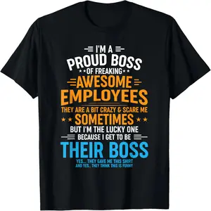 Men's Funny Boss Appreciation T-Shirt - 100% Cotton Black Tee with "Proud Boss of Awesome Employees" Slogan, Short Sleeve Round Neck Casual Office Shirt for Workplace Recognition Gifts