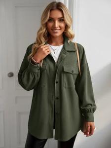 women's solid button front drop shoulder corduroy coat without tee & necklace, casual fashion long sleeve collared button up outerwear for daily wear, ladies fall clothes as birthday gifts, trending clothing women, womenswear, everyday