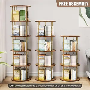 5-Tier Rotating Bookshelf, 360 ° Display Stackable Spinning Bookshelf Tower, Narrow Space Saving Tall Floor Standing Swivel Bookcase Corner Organizer for Bedroom, Living Room, Black&Gold