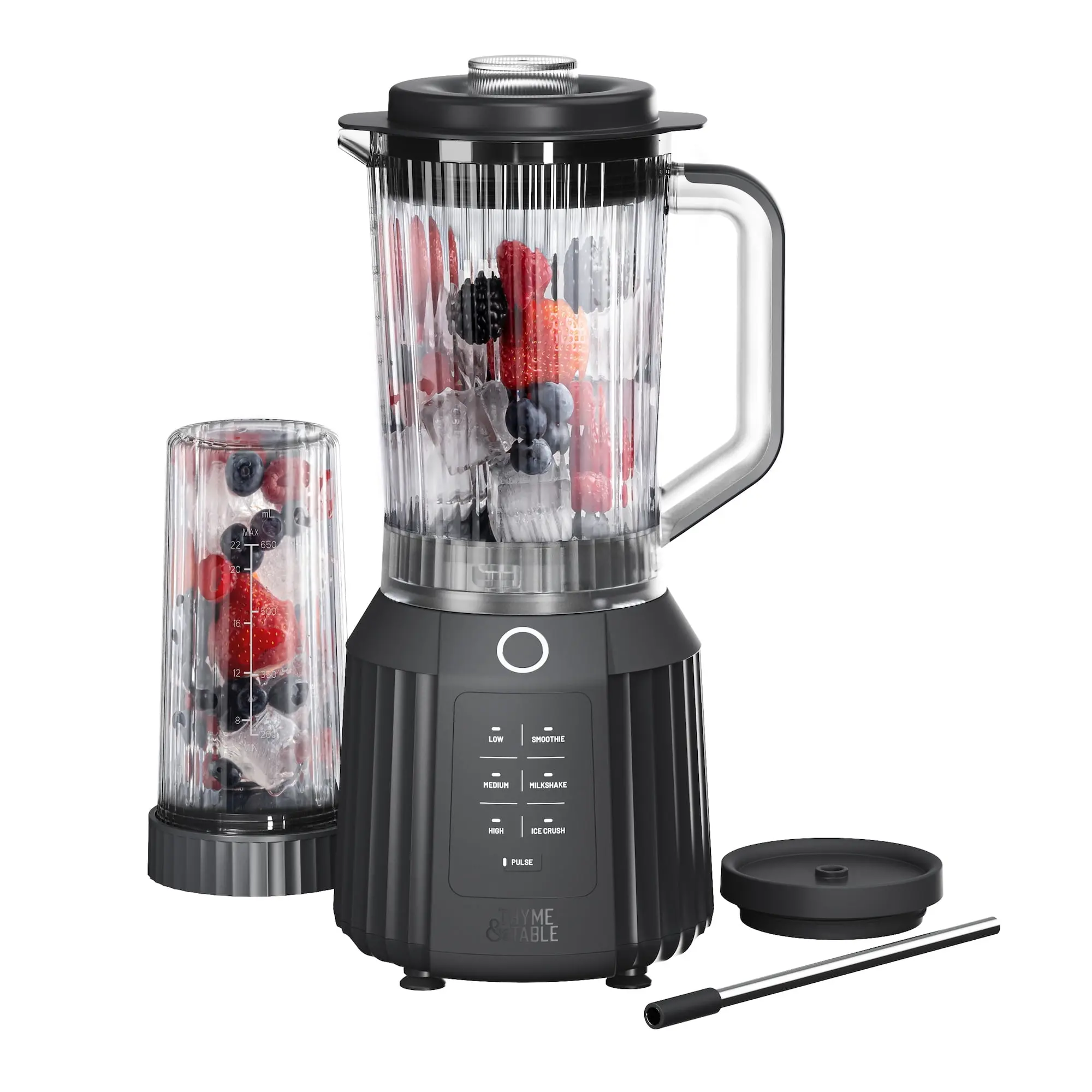 Thyme & Table Countertop Blender Duo, 1100W, 57oz Tritan Pitcher, 6-Point Stainless Steel Blade, 25oz To-Go Cup with Smart Seal Lid and Straw, Slate Grey