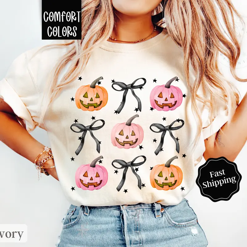 Coquette Halloween Shirt Comfort Colors, Pumpkin Bow Tshirt, Jack-O-Lantern Tee, October Vibes Shirt for Women Oversized Crewneck