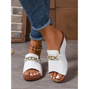 Women's Fashionable Bright Orange Color Chain Decorated Slip on Wedge Sandals, Casual Comfortable Platform Boho Sandals for Summer, Lightweight Breathable Shoes for Daily Wear, Girl