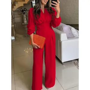 Elegant Red V-Neck Jumpsuit with Long Sleeves and Straight Leg - Polyester, Zip Detail, Perfect for Festive Occasions, Celebrations, and Going Out, Festive Attire | Stylish Jumpsuit | Smooth Texture