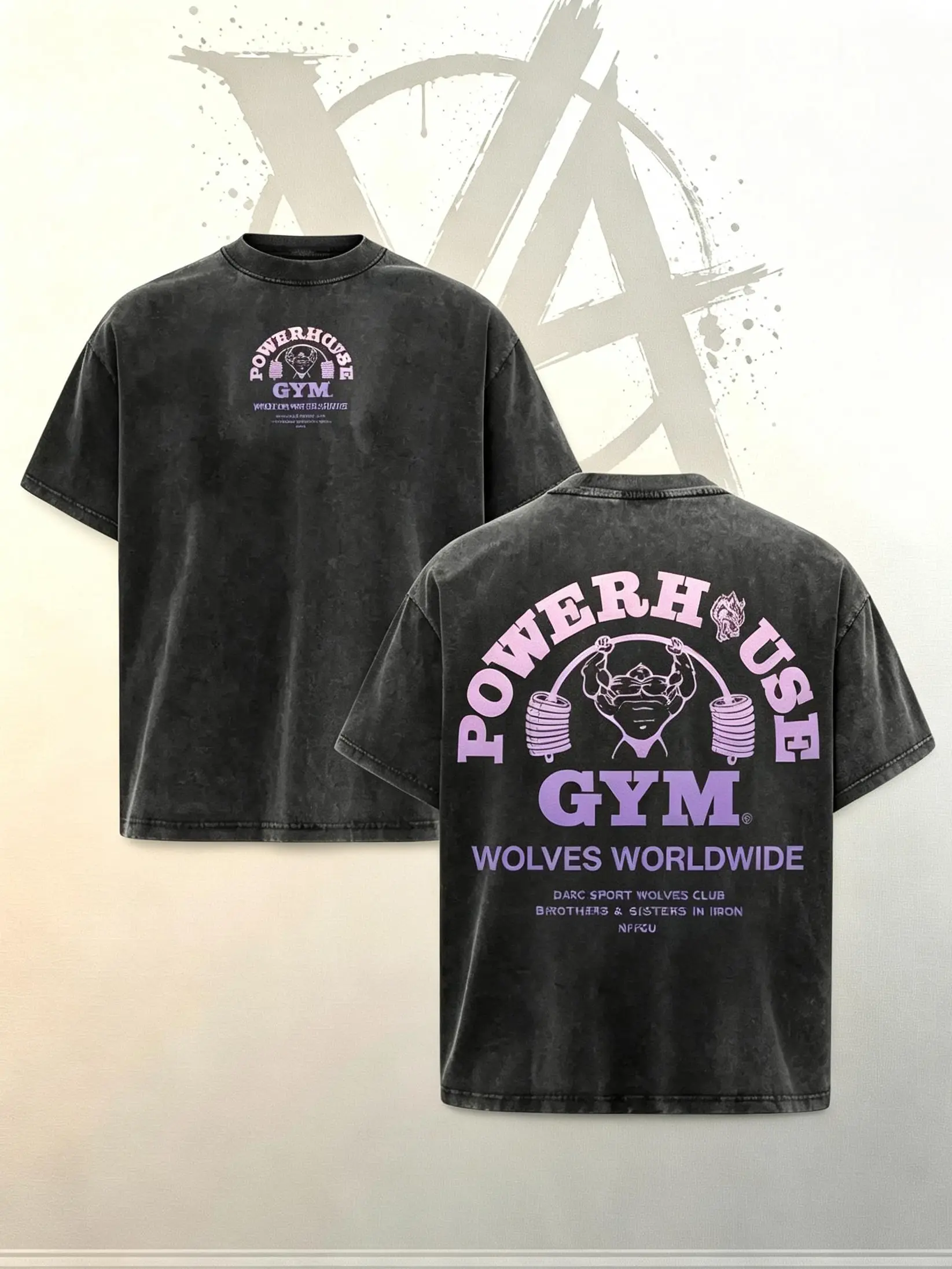 [AVT]Unisex Vintage Washed Heavy Cotton Oversized Graphic T-Shirt - Powerhouse Gym Wolves Worldwide Design, Menswear Top, Bodybuilding Fitness Pump Cover, Retro Athletic Streetwear, Casual Summer Apparel Gift for Men Women funny Tshirt Crewneck Tropical