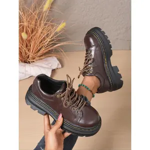 Women's Comfortable Platform Loafers, Vintage Lace-Up Chunky Heel Leather Casual Shoes, Round Toe Punk Style, Daily Wear and Street Style