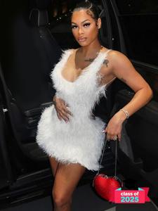 women's solid color backless fluffy cami dress, fashion u neck sleeveless mini dress for party club dating wear, women dress for summer, formal elegant dress