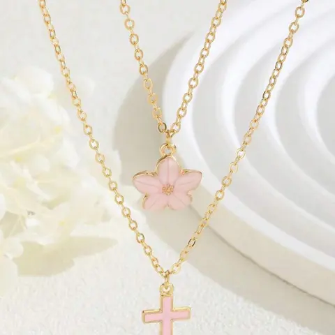 Cherry Blossom & Cross Pendant, Fashion Jewelry for Party, Daily Clothing Decor, Trendy All-match & Exquisite Jewelry for Birthday Gift, Cross Necklaces, Cross Charm Necklace, Dainty Cross Necklace, Cross Chain Design, Costume Jewelry Necklace