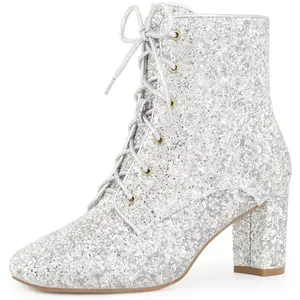 BLISSFUL STEP Women's Square Toe Lace Up Sparkly Glitter Block Heels Ankle Booties 9 Silver