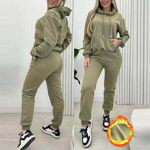 CHICME Womens Warm 2 Piece Outfits Lounge Kangaroo Pocket Design Fleece Lined Hoodie Jogger Cuffed Sweatpants Tracksuit Sweatsuit Set/Casual Women's Sportswear Set Casual Outings Adjustable Relaxed Athleisure Wear