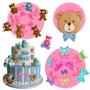 3 Pcs Bear Silicone Mold Fondant Bear Mold Candy Cake Bow Chocolate Molds for Cake Decoration, DIY Desserts, Cupcake, Fondant, Clay, Gum Paste
